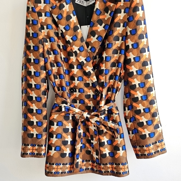 New Zara Printed Double Breasted Tie Belt Brown Blazer Blogger Favorite NWT XS - Picture 15 of 17